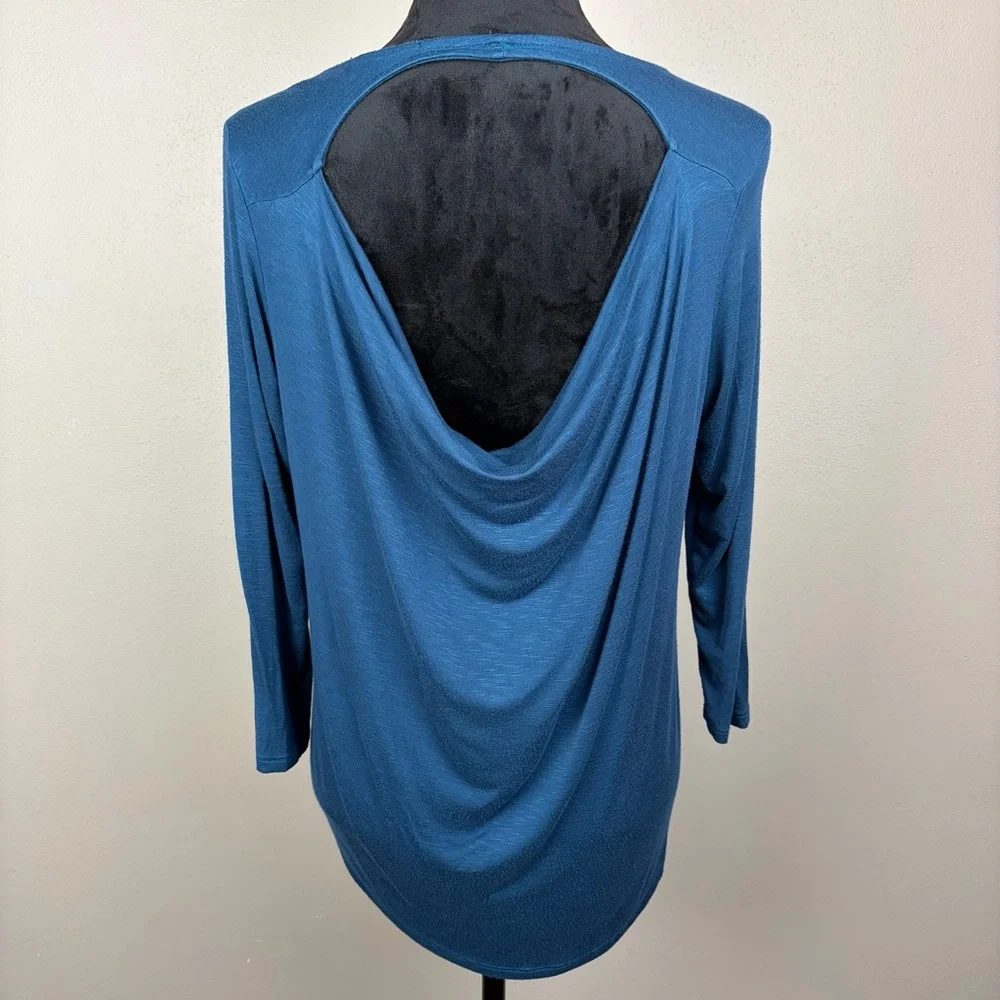 Olivia Moon Teal Blue Drape Open Back Knit Top Sz M Long Sleeve Made In USA EUC